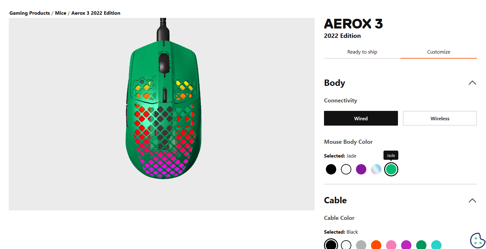 A web page with a 3D mouse, with buttons and controls to update the look and feel of the mouse.